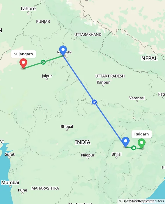 Route map showing distance and travel time from Raigarh, India to Sujangarh, India