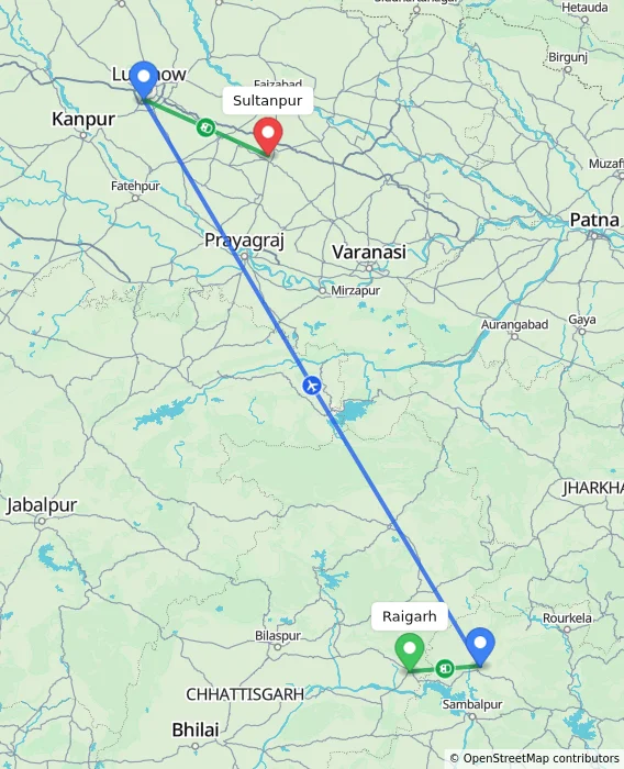 Route map showing distance and travel time from Raigarh, India to Sultanpur, India
