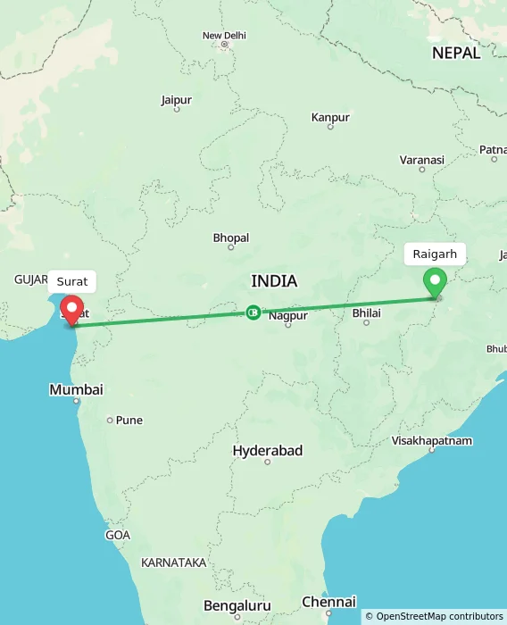Route map showing distance and travel time from Raigarh, India to Surat, India