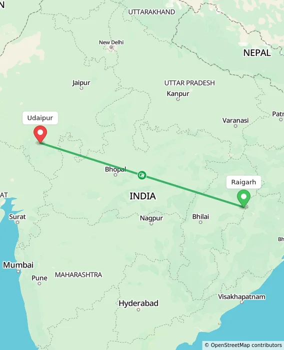 Route map showing distance and travel time from Raigarh, India to Udaipur, India