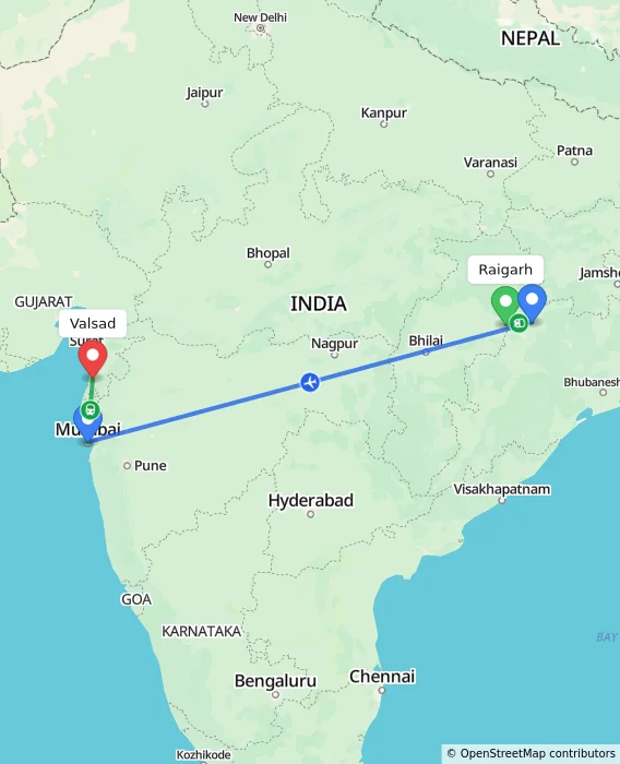 Route map showing distance and travel time from Raigarh, India to Valsad, India