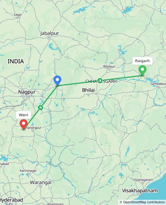 Route map showing distance and travel time from Raigarh, India to Wani, India