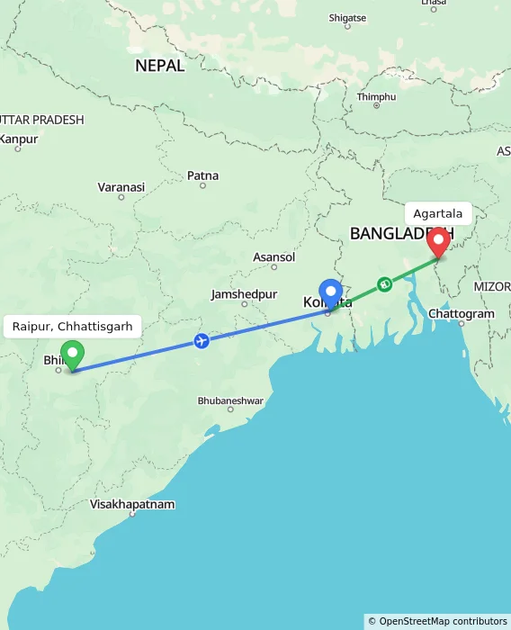 Route map showing distance and travel time from Raipur, Chhattisgarh, India to Agartala, India