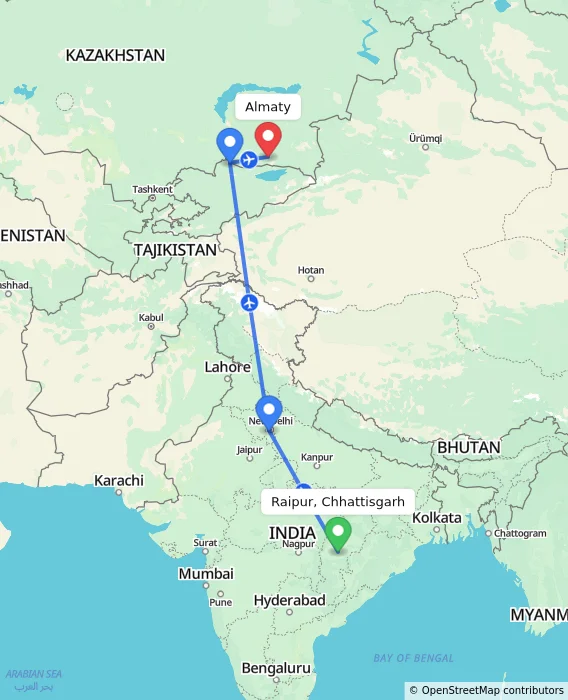 Route map showing distance and travel time from Raipur, Chhattisgarh, India to Almaty, Kazakhstan