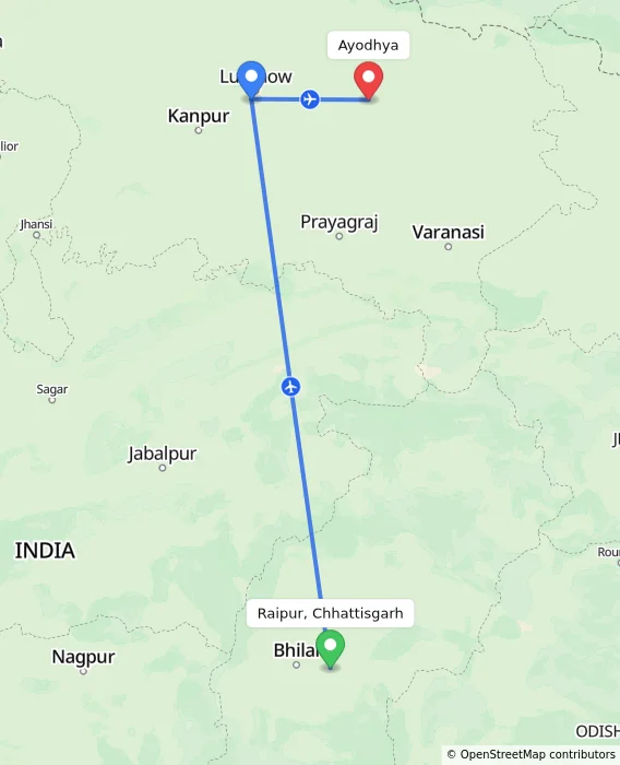 Route map showing distance and travel time from Raipur, Chhattisgarh, India to Ayodhya, India