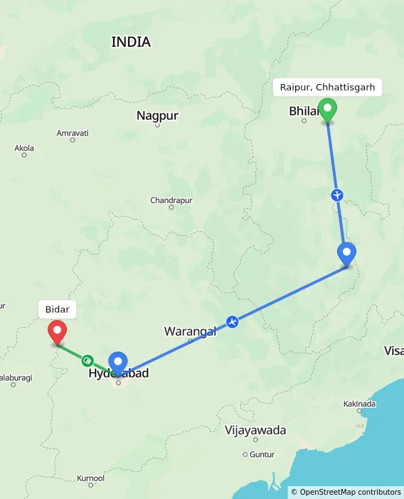 Route map showing distance and travel time from Raipur, Chhattisgarh, India to Bidar, India