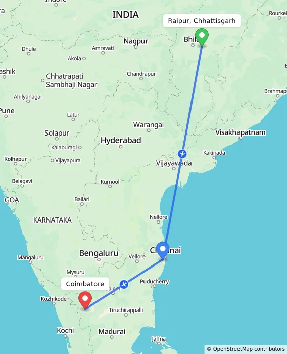 Route map showing distance and travel time from Raipur, Chhattisgarh, India to Coimbatore, India