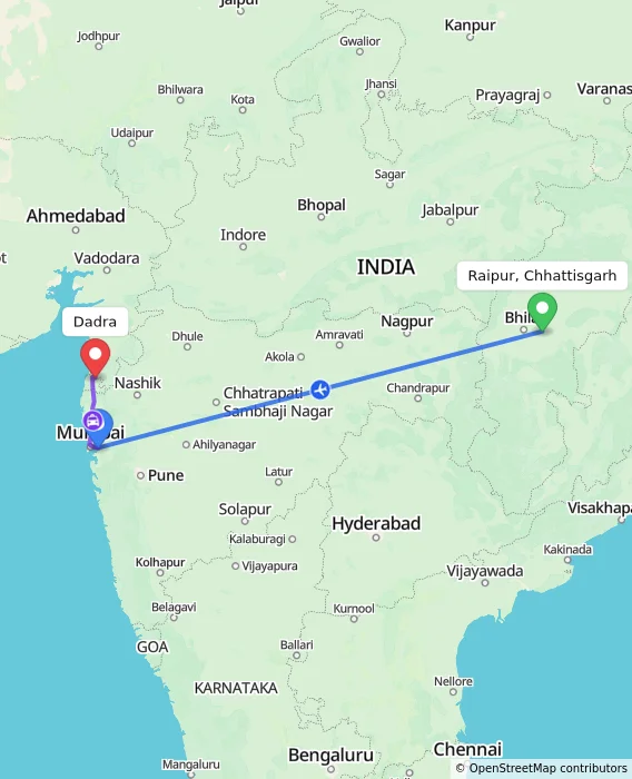 Route map showing distance and travel time from Raipur, Chhattisgarh, India to Dadra, India