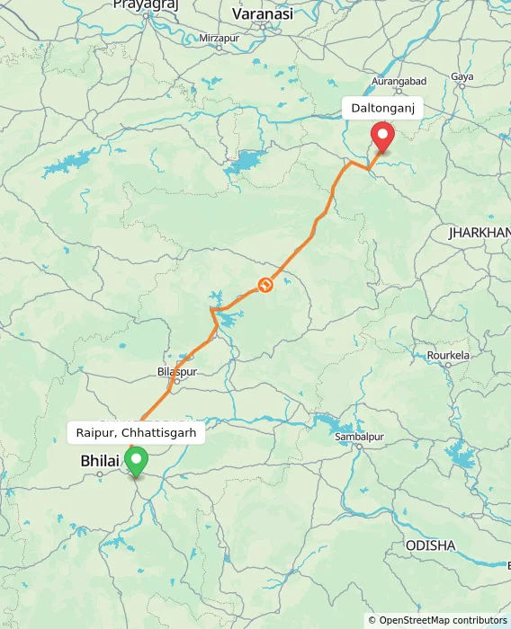Route map showing distance and travel time from Raipur, Chhattisgarh, India to Daltonganj, India