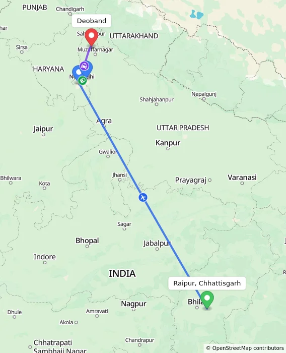 Route map showing distance and travel time from Raipur, Chhattisgarh, India to Deoband, India