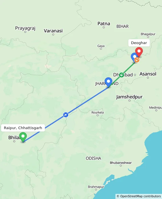 Route map showing distance and travel time from Raipur, Chhattisgarh, India to Deoghar, India