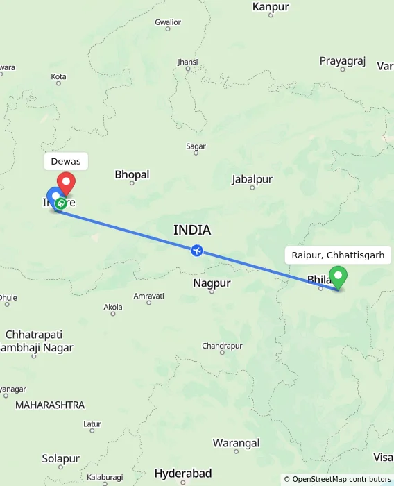Route map showing distance and travel time from Raipur, Chhattisgarh, India to Dewas, India