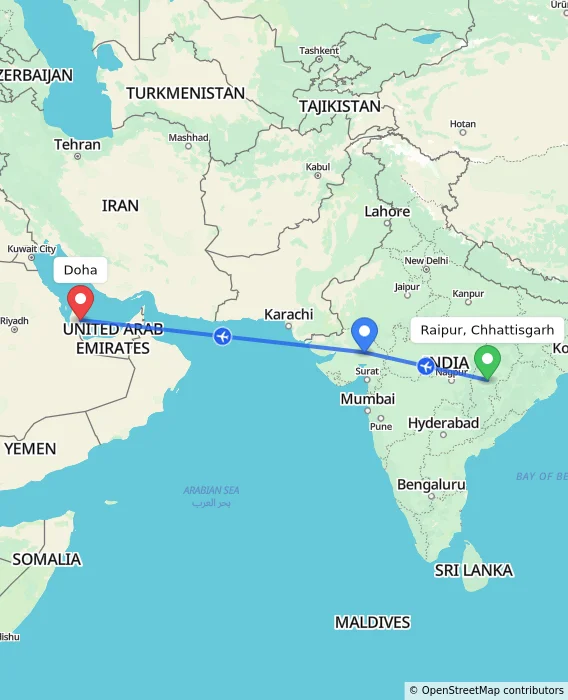 Route map showing distance and travel time from Raipur, Chhattisgarh, India to Doha, Qatar