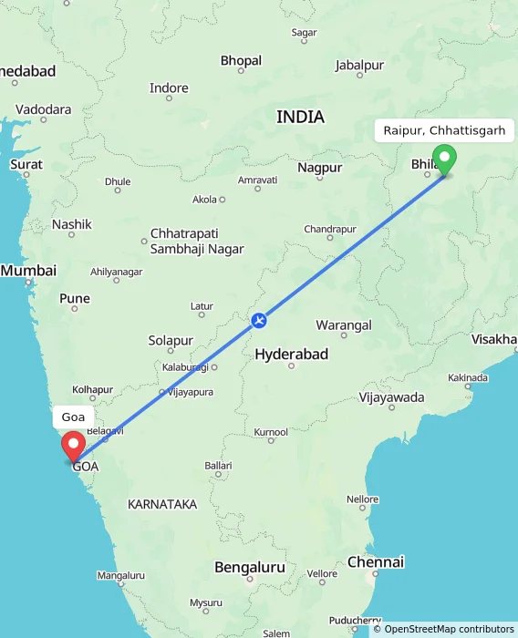 Route map showing distance and travel time from Raipur, Chhattisgarh, India to Goa, India