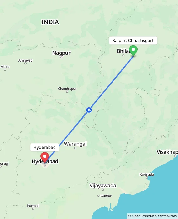 Route map showing distance and travel time from Raipur, Chhattisgarh, India to Hyderabad, India