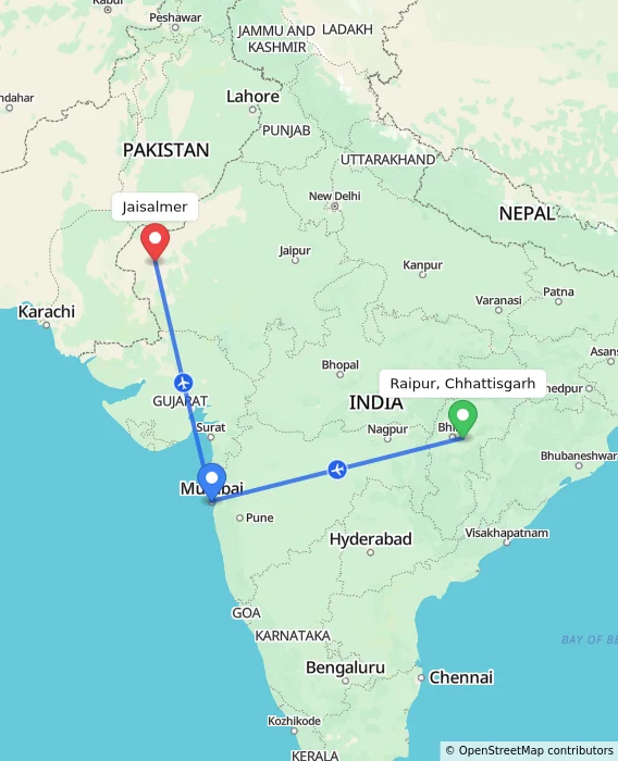 Route map showing distance and travel time from Raipur, Chhattisgarh, India to Jaisalmer, India
