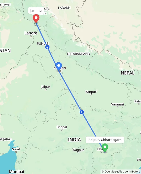 Route map showing distance and travel time from Raipur, Chhattisgarh, India to Jammu, India