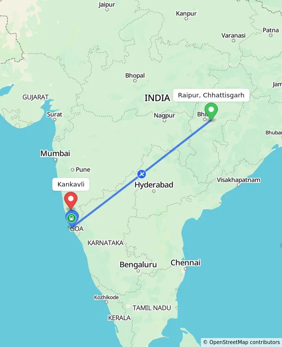 Route map showing distance and travel time from Raipur, Chhattisgarh, India to Kankavli, India