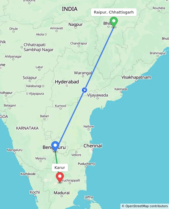 Route map showing distance and travel time from Raipur, Chhattisgarh, India to Karur, India