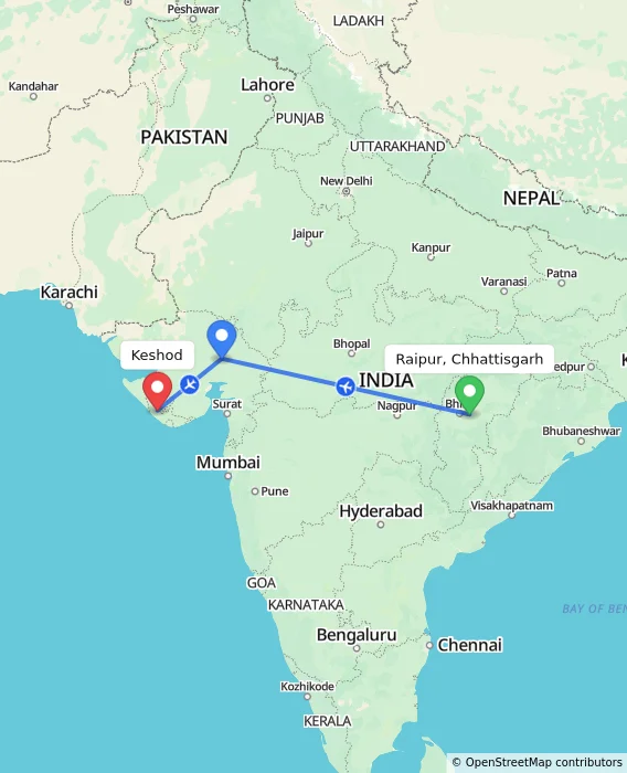 Route map showing distance and travel time from Raipur, Chhattisgarh, India to Keshod, India