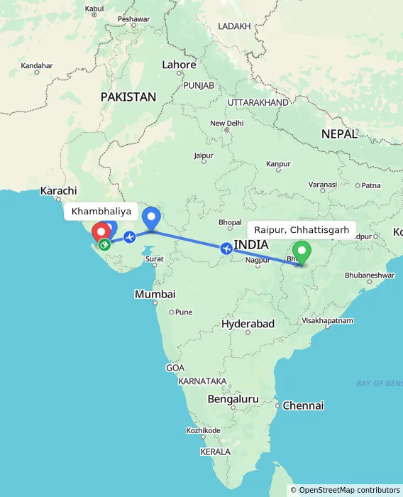 Route map showing distance and travel time from Raipur, Chhattisgarh, India to Khambhaliya, India