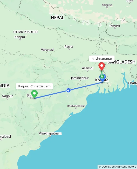 Route map showing distance and travel time from Raipur, Chhattisgarh, India to Krishnanagar, India