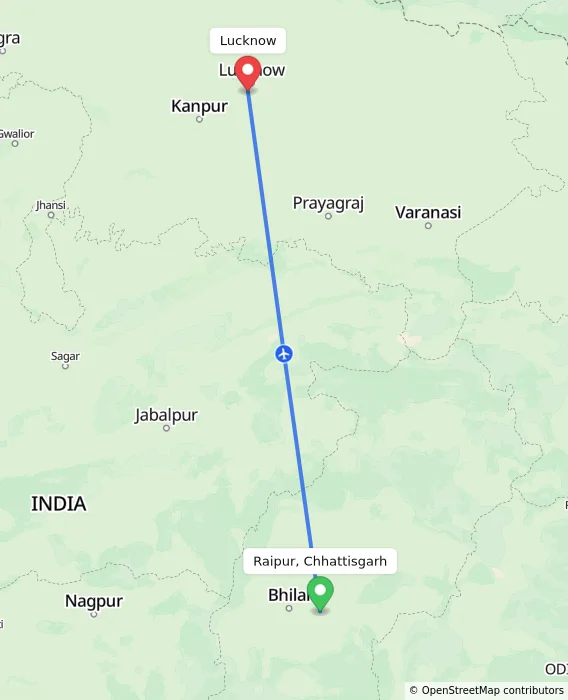 Route map showing distance and travel time from Raipur, Chhattisgarh, India to Lucknow, India