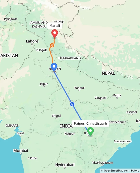 Route map showing distance and travel time from Raipur, Chhattisgarh, India to Manali, India