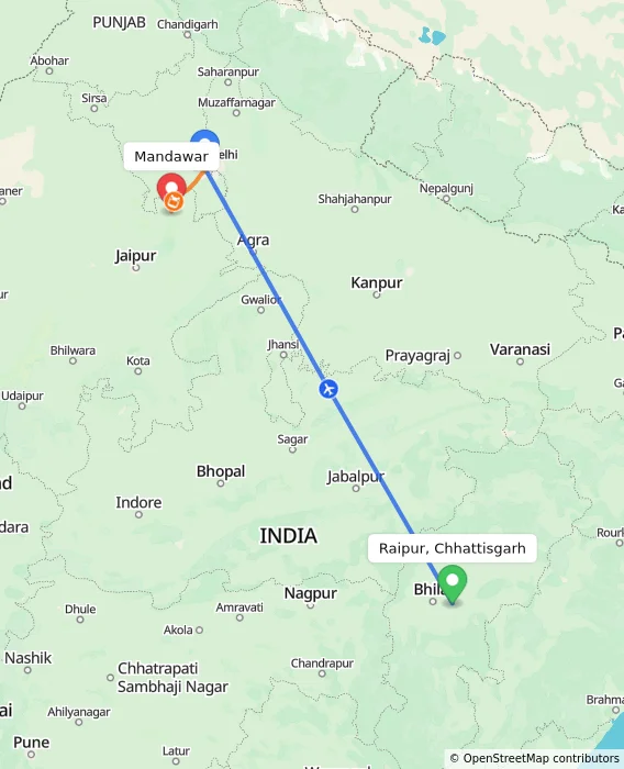 Route map showing distance and travel time from Raipur, Chhattisgarh, India to Mandawar, India