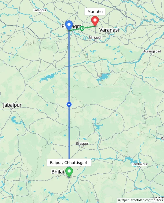 Route map showing distance and travel time from Raipur, Chhattisgarh, India to Mariahu, India