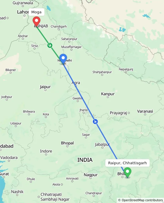Route map showing distance and travel time from Raipur, Chhattisgarh, India to Moga, India