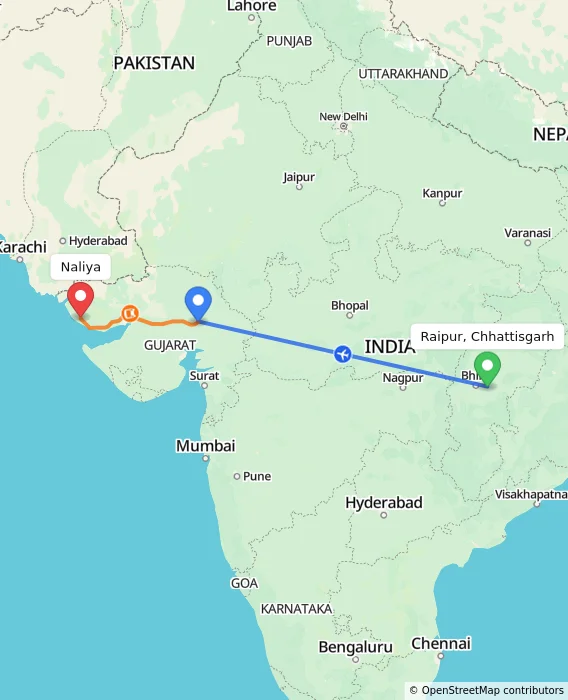 Route map showing distance and travel time from Raipur, Chhattisgarh, India to Naliya, India
