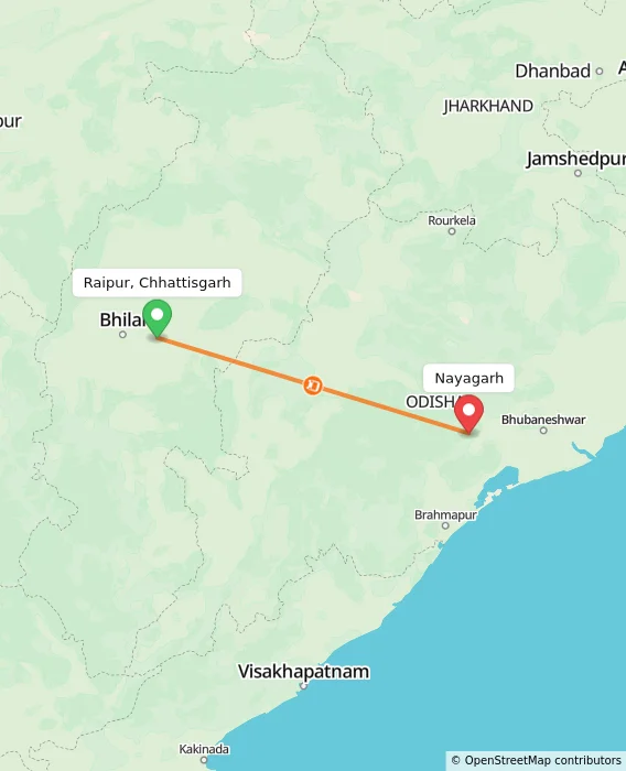 Route map showing distance and travel time from Raipur, Chhattisgarh, India to Nayagarh, India