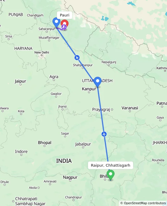 Route map showing distance and travel time from Raipur, Chhattisgarh, India to Pauri, India