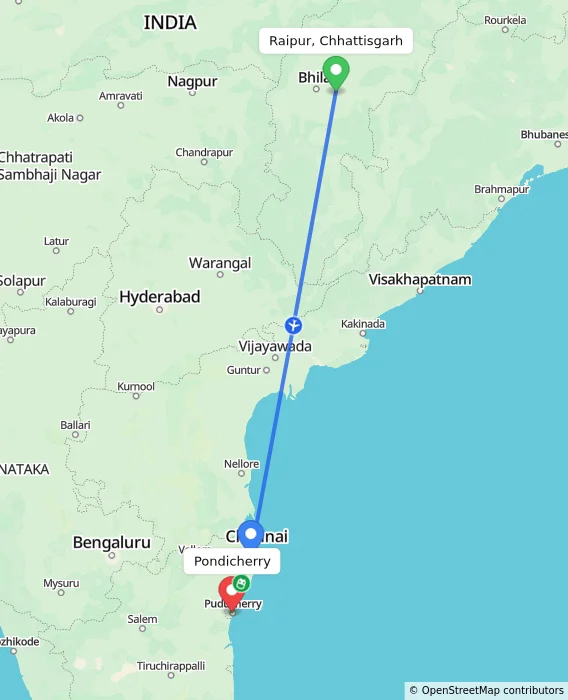 Route map showing distance and travel time from Raipur, Chhattisgarh, India to Pondicherry, India