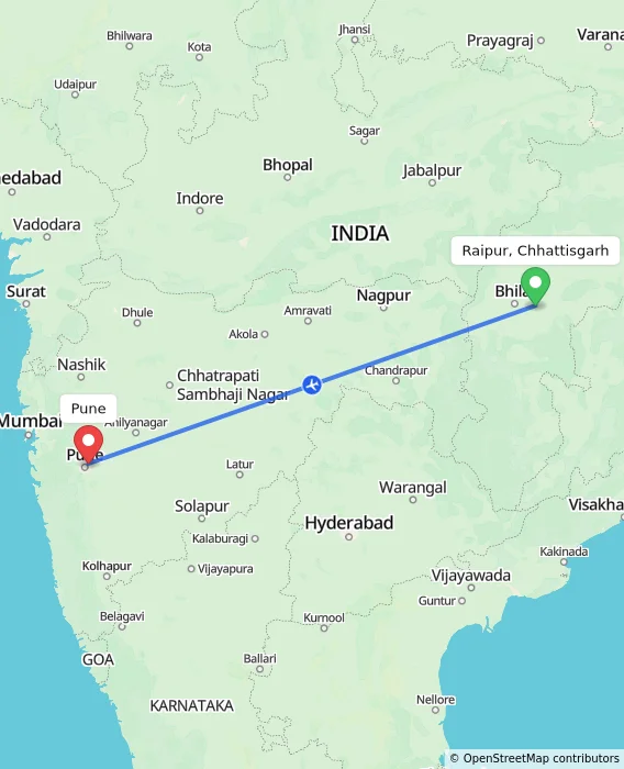 Route map showing distance and travel time from Raipur, Chhattisgarh, India to Pune, India