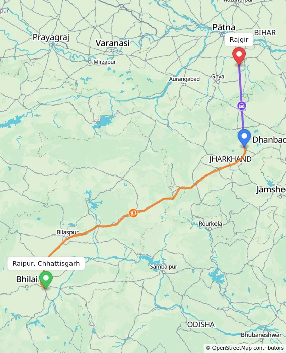 Route map showing distance and travel time from Raipur, Chhattisgarh, India to Rajgir, India