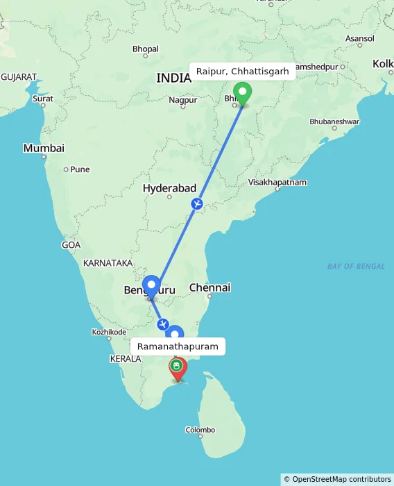 Route map showing distance and travel time from Raipur, Chhattisgarh, India to Ramanathapuram, India