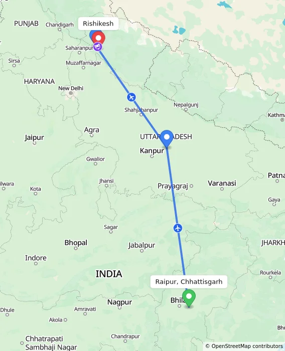 Route map showing distance and travel time from Raipur, Chhattisgarh, India to Rishikesh, India