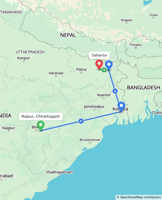Route map showing distance and travel time from Raipur, Chhattisgarh, India to Saharsa, India