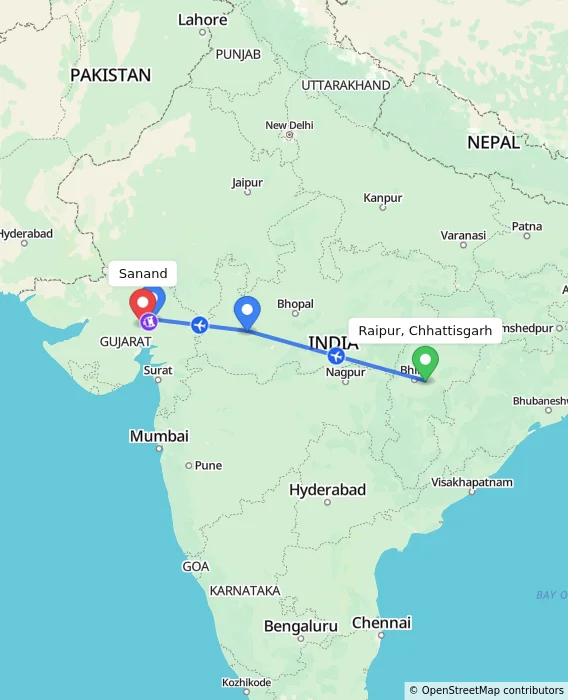 Route map showing distance and travel time from Raipur, Chhattisgarh, India to Sanand, India