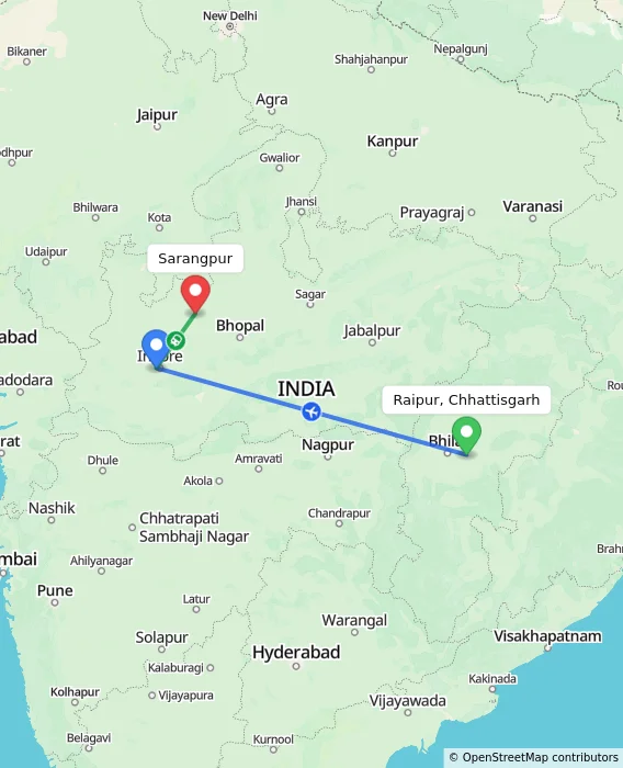 Route map showing distance and travel time from Raipur, Chhattisgarh, India to Sarangpur, India