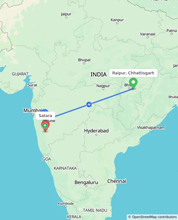 Route map showing distance and travel time from Raipur, Chhattisgarh, India to Satara, India