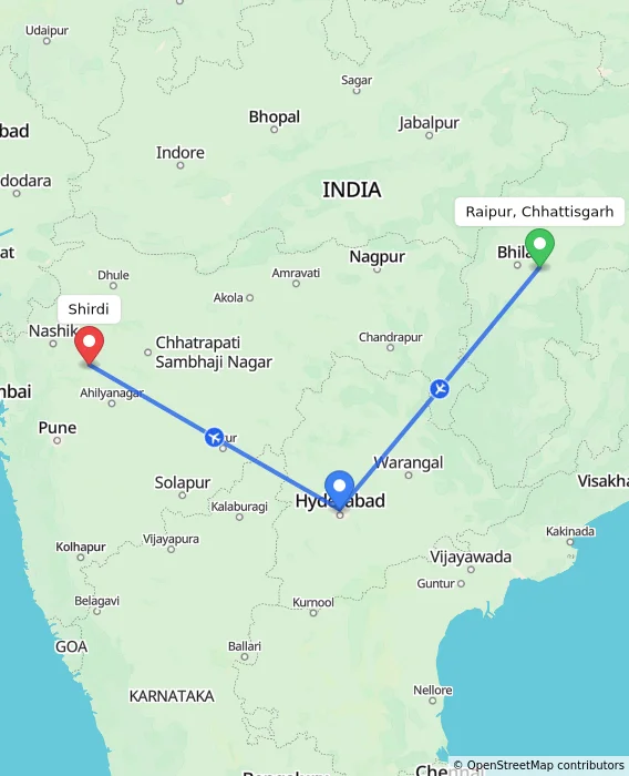 Route map showing distance and travel time from Raipur, Chhattisgarh, India to Shirdi, India