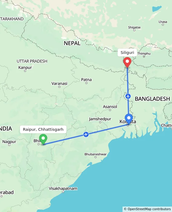 Route map showing distance and travel time from Raipur, Chhattisgarh, India to Siliguri, India