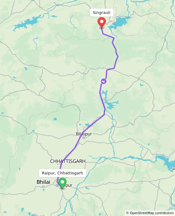 Route map showing distance and travel time from Raipur, Chhattisgarh, India to Singrauli, India