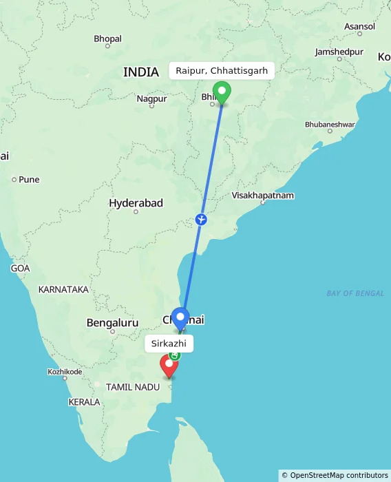 Route map showing distance and travel time from Raipur, Chhattisgarh, India to Sirkazhi, India
