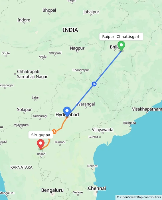 Route map showing distance and travel time from Raipur, Chhattisgarh, India to Siruguppa, India