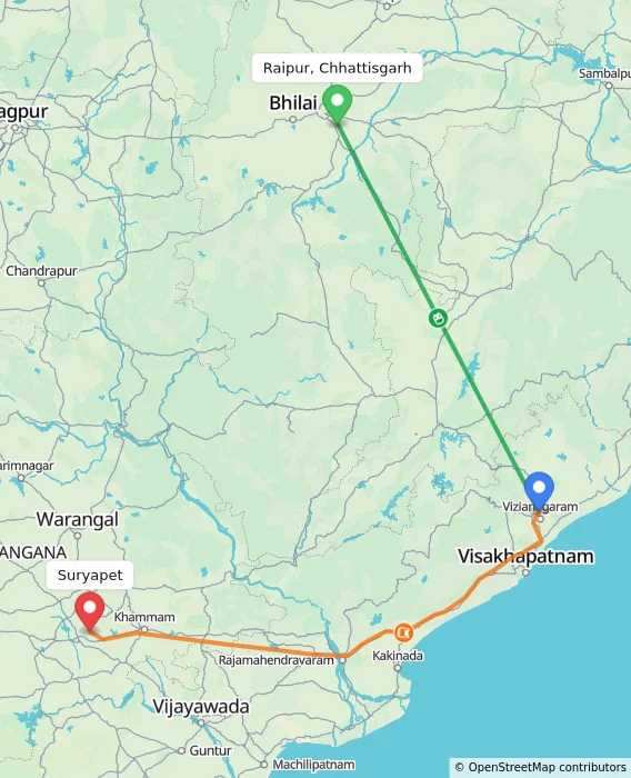 Route map showing distance and travel time from Raipur, Chhattisgarh, India to Suryapet, India
