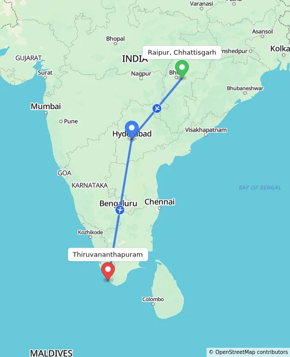 Route map showing distance and travel time from Raipur, Chhattisgarh, India to Thiruvananthapuram, India